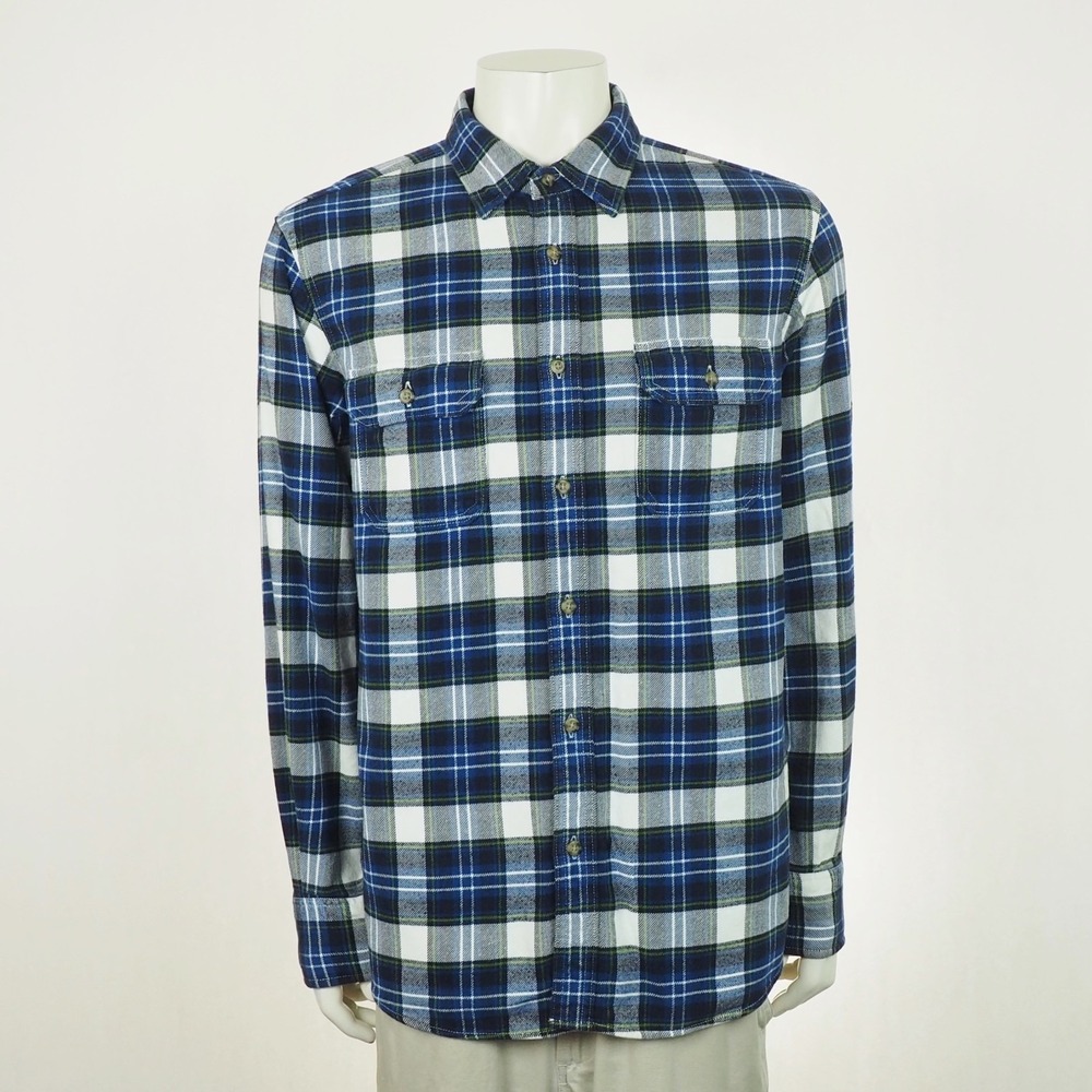Eddie Bauer Flannel Button Down Shirt Mens Large Navy Blue Plaid Pockets Cotton